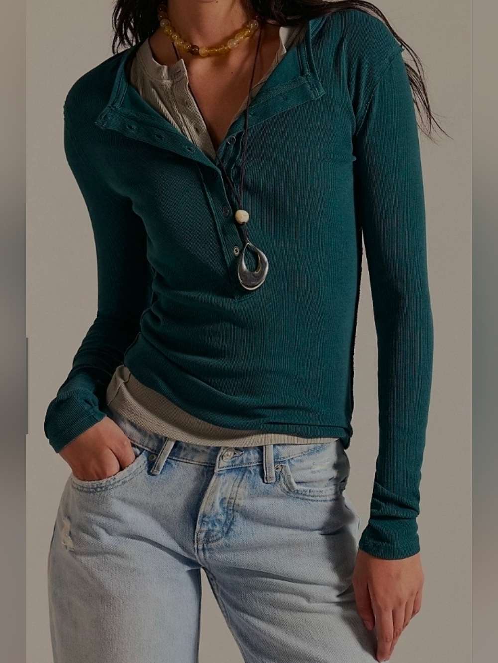 NWT Free people Jamie Button Up Henley Forest Biome/Teal-Green Cotton M SOLD OUT